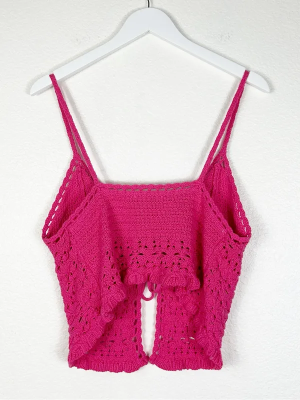 American Eagle cotton crochet knit tie front festival cropped top Y2K size large - Image 2