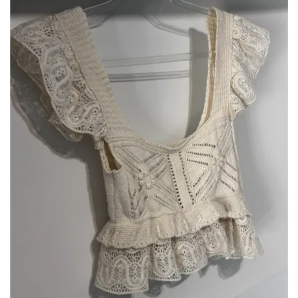 ZARA Women’s S Cream Crochet Knit Lace Ruffle Peplum Top Boho Romantic Festival - Image 5