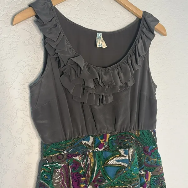 Vintage Anthropologie Maeve Brown Silk Dress Artsy Indie Cocktail Ruffle Front - Image 2