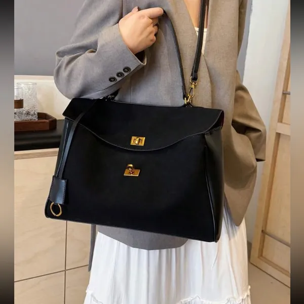 Black faux suede & faux leather contrast tote shoulder bag / handbag purse - Image 8