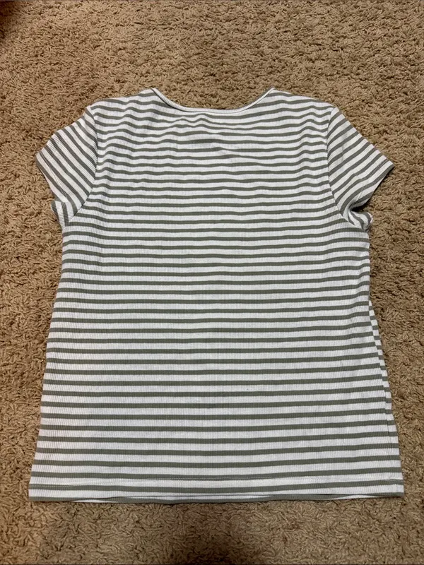 American Eagle Outfitters Striped Crewneck Tee in White and Olive - Image 3