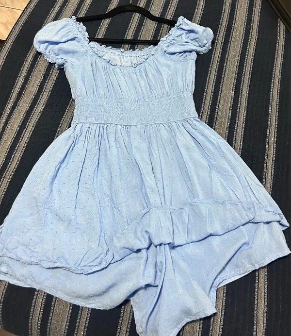 Light Blue Puff Sleeve Romper Dress - Image 4