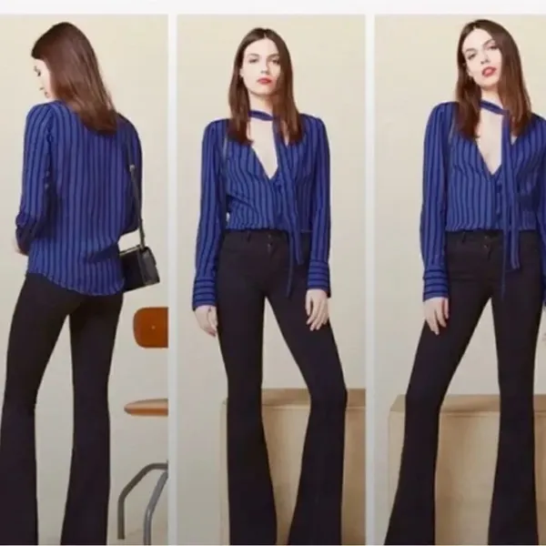 Reformation Eldridge blue stripe tie neck blouse S - Image 2