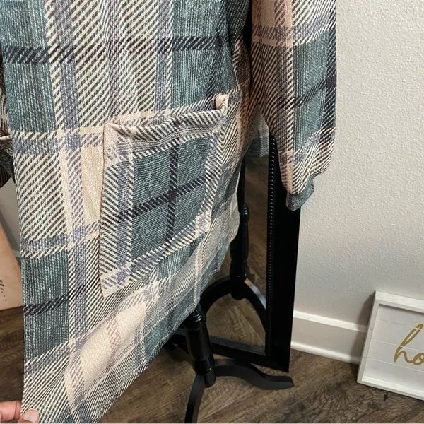Farmcore Cowgirl Rustic Green Plaid Relaxed Long Cuff Sleeve Shacket Cardigan L - Image 10