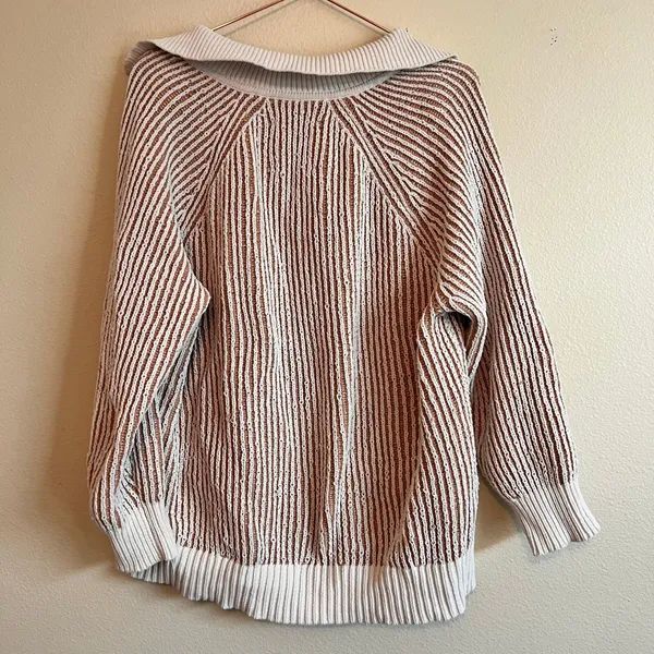 Aerie Sweater Women XS Tan Cream Striped V-Neck Collared Ribbed Oversized - Image 5