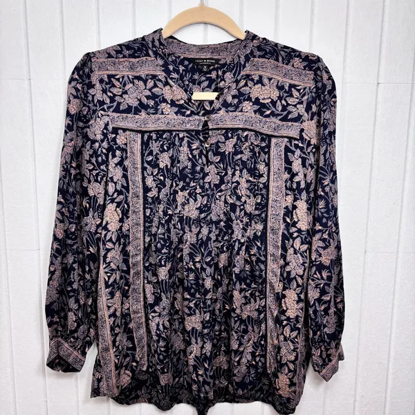 LUCKY BRAND Top Blue Pink Floral Pin-tucked Front Boho 3/4 sleeve shirt size‎ M - Image 3