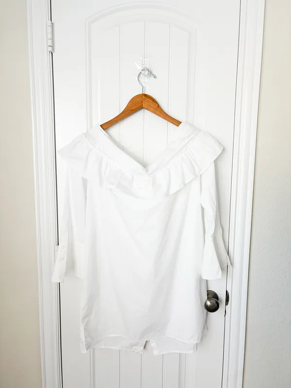 Rebecca Minkoff White Ruffle Off-Shoulder Button-Down Mini Dress Size Large - Image 2