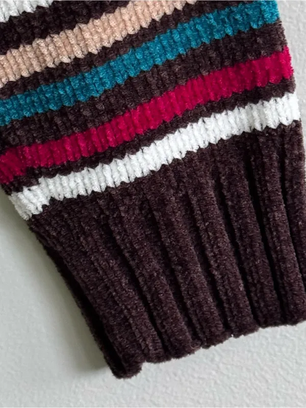 Designers Originals Striped V-Neck Sweater in Teal, Burgundy, Purple & Cream - Image 5