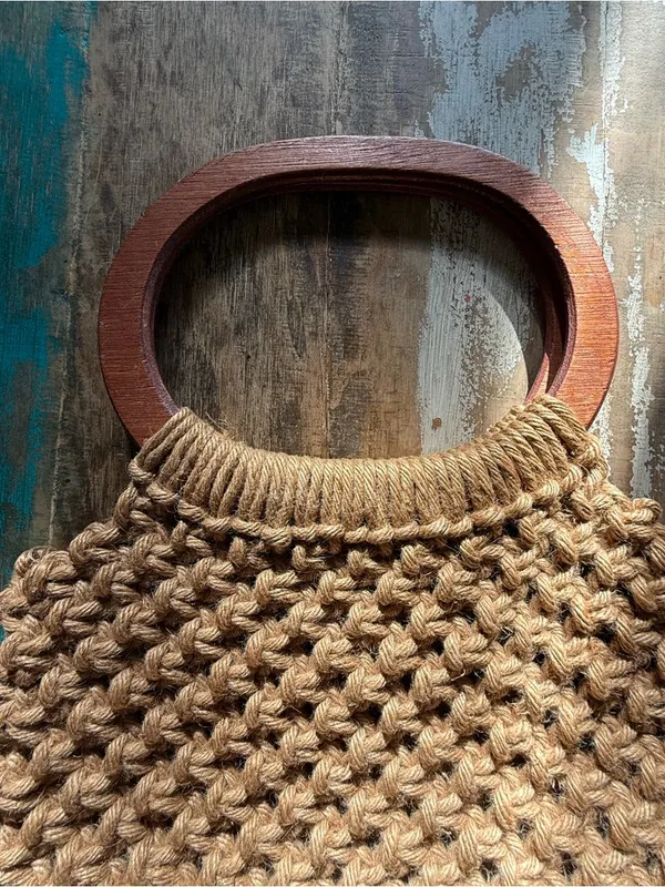 Handwoven Macramé Bag with Wooden Handles in Tan and Orange - Image 2