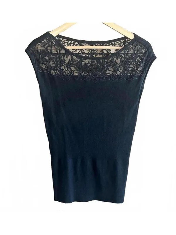 White House | Black Market Whimsigoth Black Lace Neckline Cap Sleeve Knit Top Small Office Siren - Image 2