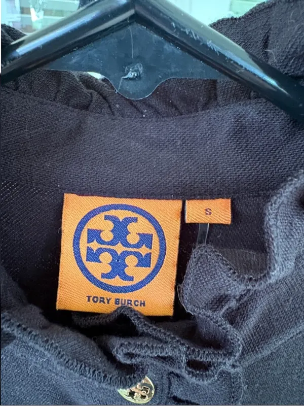 Tory Burch Pima Cotton Ruffle Logo Button Top Black Size Small - Image 3