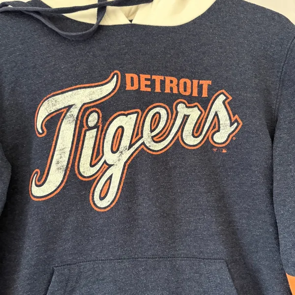 47‎ Brand Detroit Tigers MLB Hoodie Navy Blue Orange Stripe Fleece Sweatshirt S - Image 4