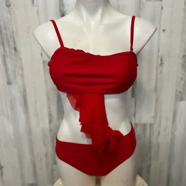 Red Ruffle One Shoulder Bikini Set Women’s Size L Swimwear - Image 3