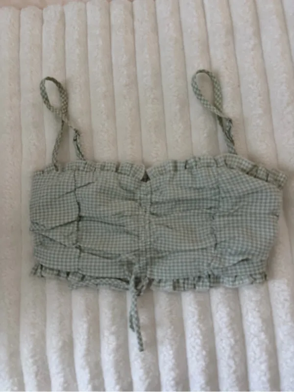 Princess Polly Sage Green Gingham Ruched Crop Top - Image 2
