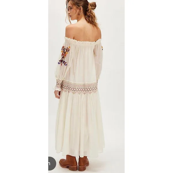 Free People Natural Harvest Moon Maxi Dress Ivory Embroidered Boho L - Image 11