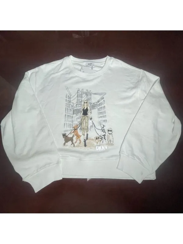 DKNY Dogs & The City Novelty Graphic cotton fleece sweatshirt Grunge White Sz L - Image 3
