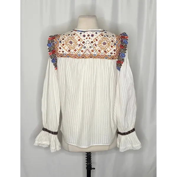 ANTIK BATIK Bernadette Embroidered Cotton Blouse White Boho Bohemian Small 38 - Image 9