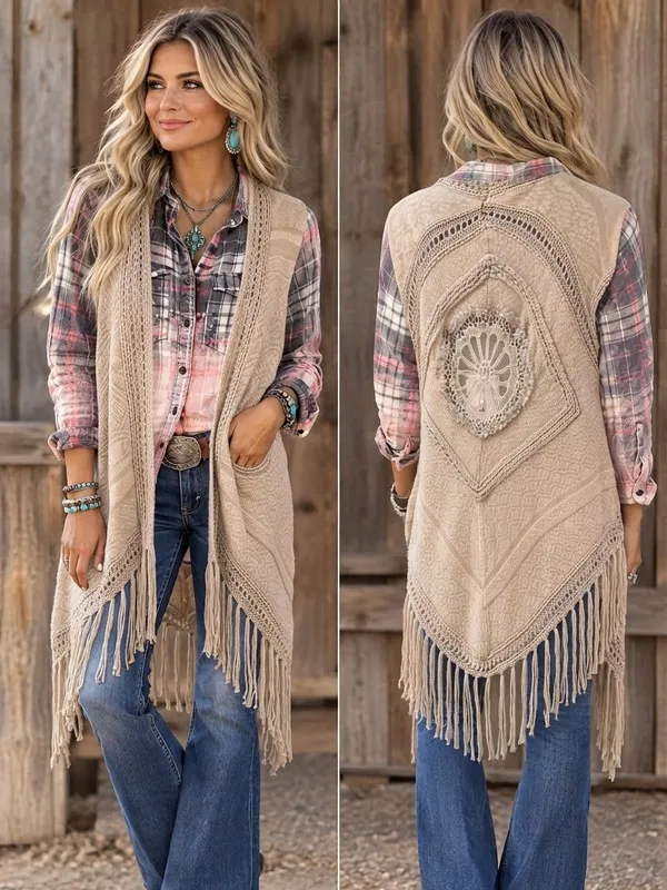 Altar'd State Boho Western Fringe Knit Vest – Size Large - Image 2