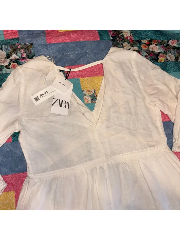 Zara NWT $59 Bright White 52% Linen Blend Womans M Vneck Tunic Mini Dress Size M - Image 6