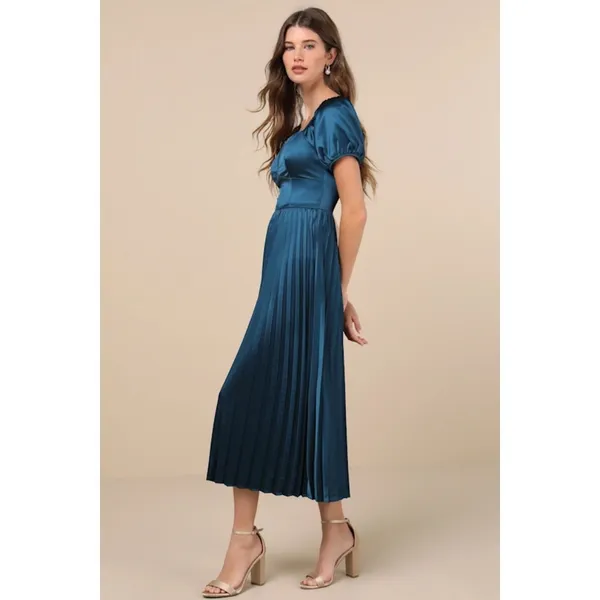 NWT Lulus Flawless Forever Teal Satin Pleated Midi Dress Bridesmaid Gala Size M - Image 7