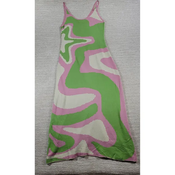Cider Swirl Knit Dress L Pink Green Midi Y2K Spaghetti Strap Psychedelic Retro - Image 10