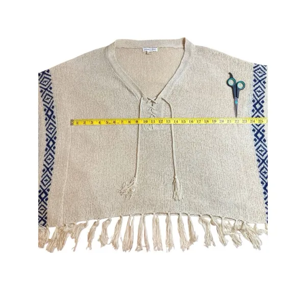 Double Zero Cream Fringe Knit Poncho Sweater Navy Blue Aztec Detail Size Medium - Image 6
