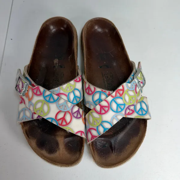 Birkenstock Birki's 36 US 5 Sandals Slide Peace Sign Print Criss Cross Straps - Image 7