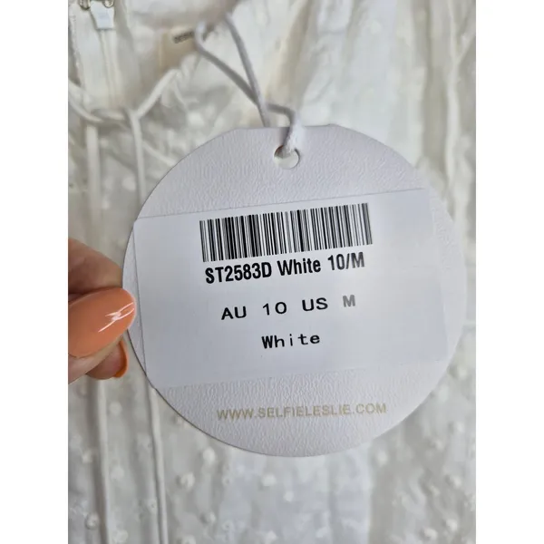 NWT Selfie Leslie Hayden White Eyelet Cotton Milkmaid Puff Sleeve Mini Dress M - Image 5