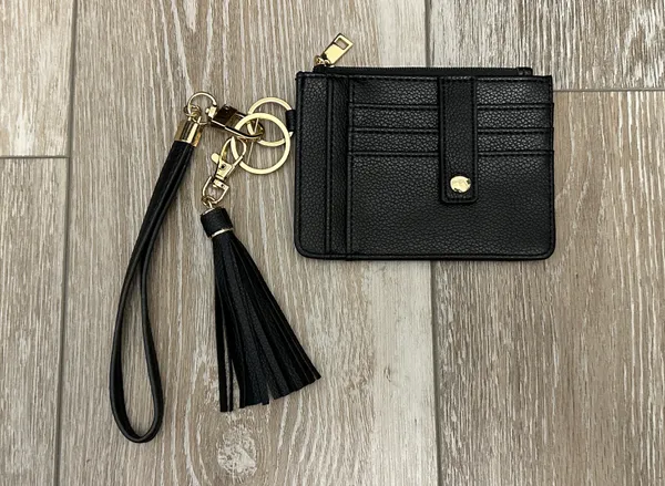 Black Leather Faux (?) ID Cards Wallet Key Fob Tassel Accent Wristlet Strap - Image 2