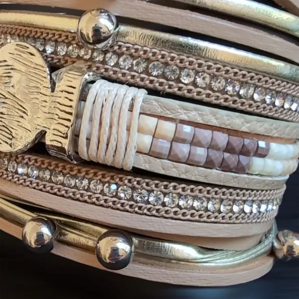 Beige Multi-Layer Leather Wrap Bracelet with Rhinestone Accents - Image 3