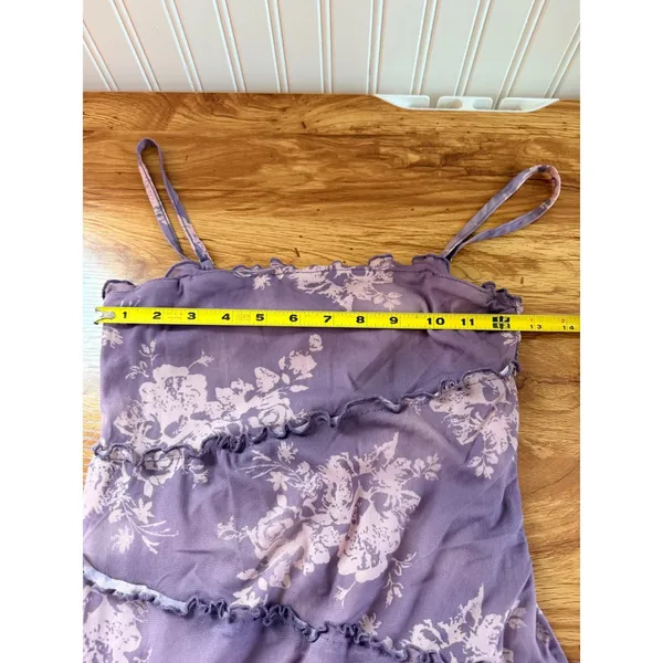 Cider Y2K Purple Floral Mesh Ruffle Mini Dress XS Lettuce Trim Cottagecore Fairy - Image 7