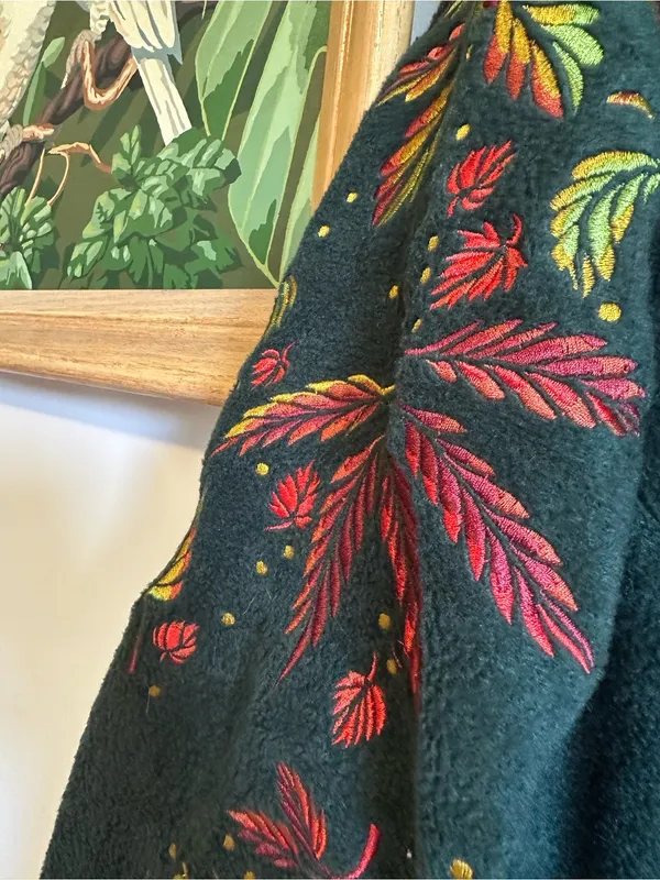 Bob Mackie Leaf Embroidered Fleece Button Down Coat Womens 3X Green - Image 2
