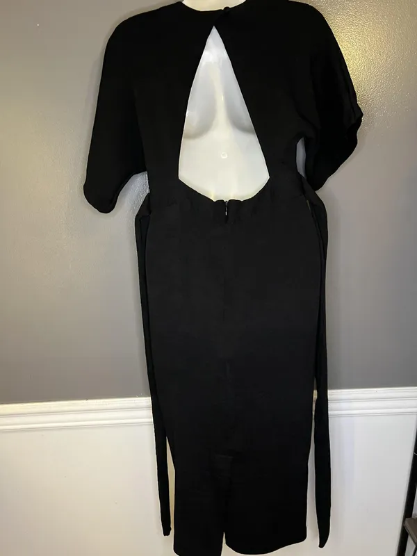 Topshop Dress Womens 6 Black V Neck Kimono Sleeve Cutout Back Tie Waist Midi - Image 8