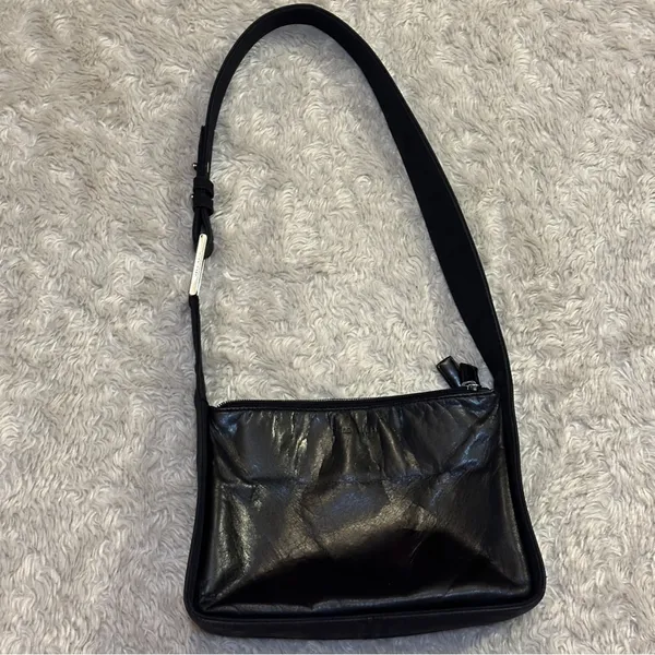 Vintage 90s Nine West Genuine Leather Black Shoulder Bag Silver Nylon - Image 4