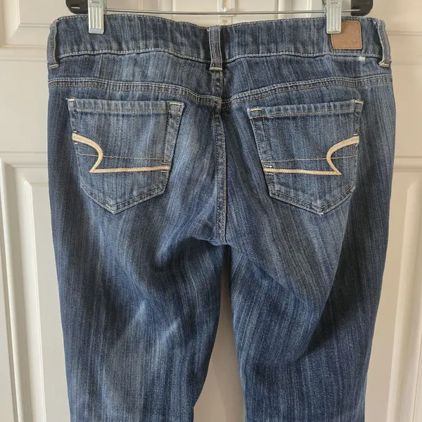 American Eagle Artist Flare Jeans Womens 8 Blue Low Rise Stretch Dark Wash Y2K - Image 4