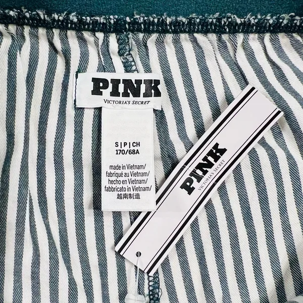 VS PINK Velvet Trim Ruffle Pajama Shorts Deep Forest Green & White Stripes SMALL - Image 11