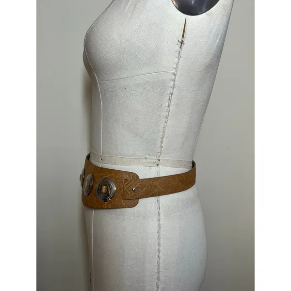 Vintage Embossed Faux Leather Wide Concho Belt Western Boho 28–32 Cowgirl Edgy - Image 11
