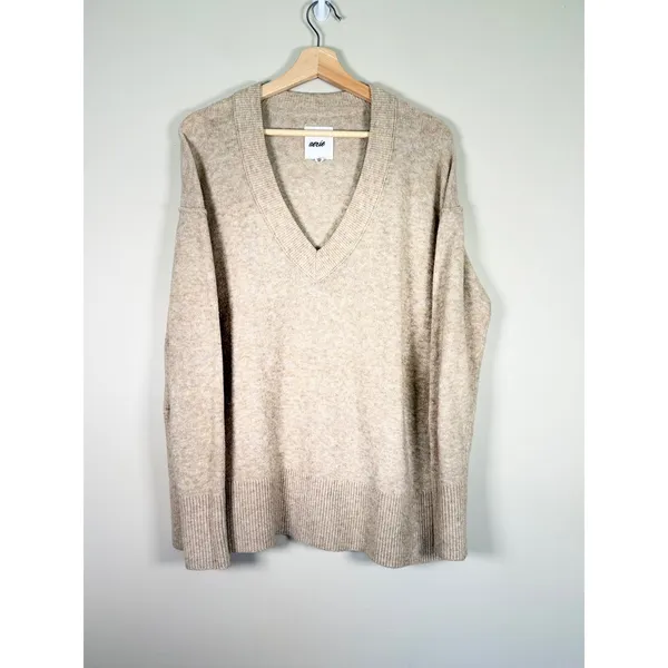 Aerie Womens Oversized V-Neck Pullover Sweater Oatmeal Beige Marled XS 6WDLFx25‎ - Image 2