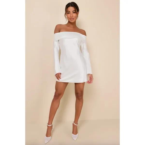 Lulus Luxurious Vision White Satin Off-the-Shoulder Mini Dress Party Medium NWT - Image 4