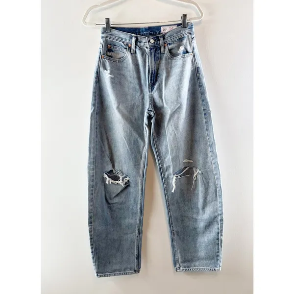 GAP High Rise Distressed Barrel Ankle Jeans Light Wash Blue 25 - Image 2