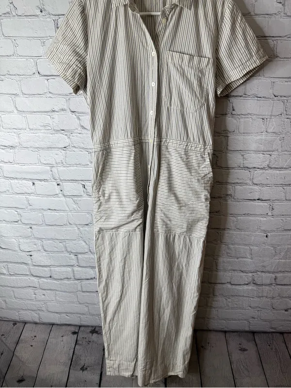Madewell Cream and Navy Striped Button-Up jumpsuit wide leg size large - Image 2
