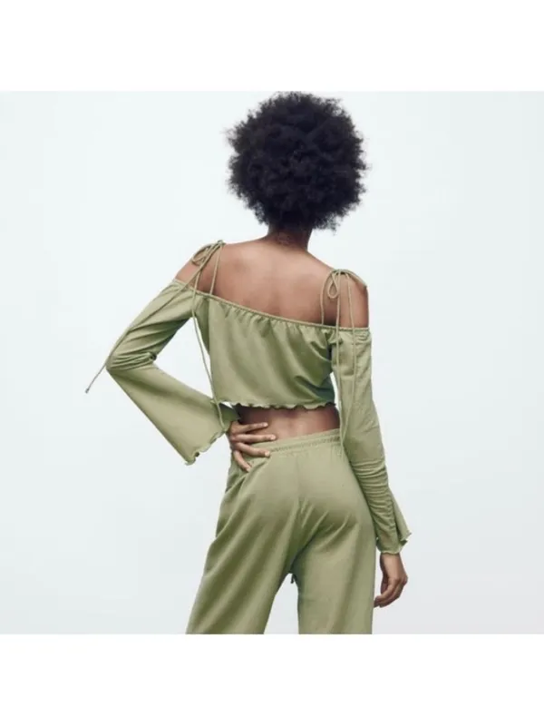Zara Flowy Tank Top Tie Shoulders Spaghetti Straps Long Sleeve Green Sz M - Image 4