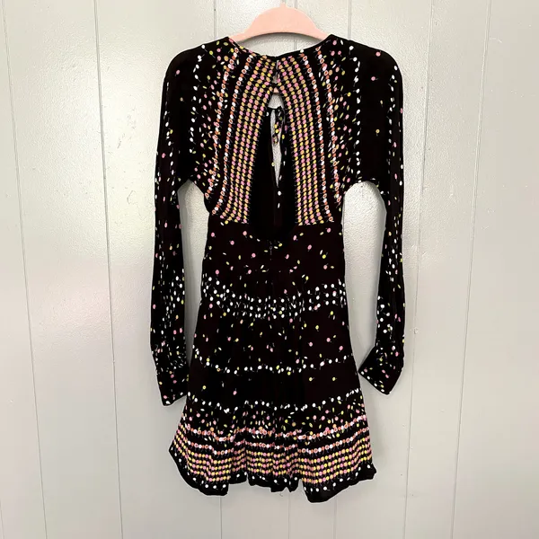 Free People Coryn Black Print Long Sleeve Open Back Flare Boho Mini Dress 0 - Image 8