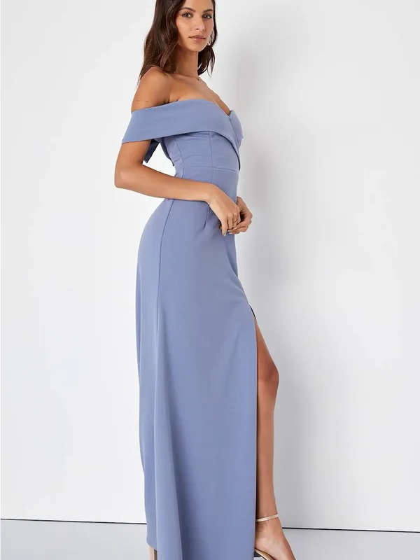 NWOT Lulus Song of Love Blue Grey Off-the-Shoulder Maxi Dress M - Image 3