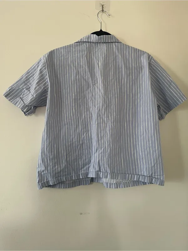 Uniqlo Blue White Striped 100% Cotton Button Down Top XS Coastal Euro Summer - Image 6
