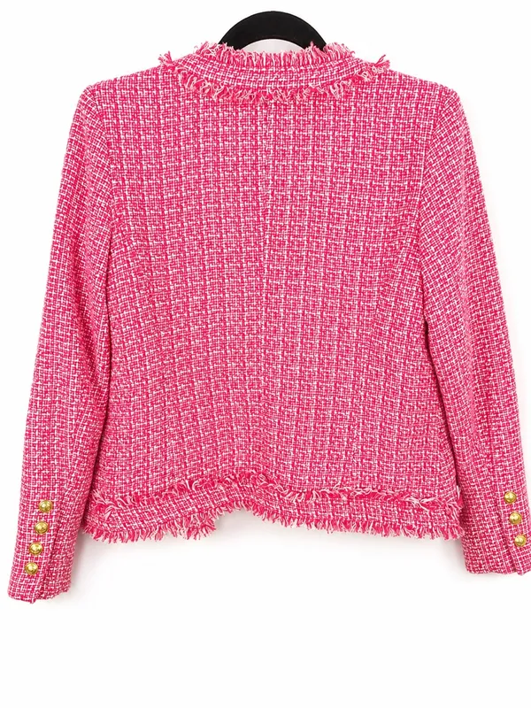 Saks Fifth Avenue Tweed Jacket XS Pink Frayed Trim Open Front Blazer - Image 3