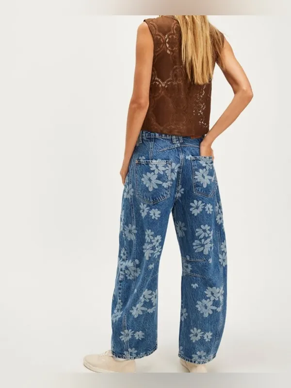 NWT Free People We The Free Good Luck Printed Barrel Jeans - laser Daisy - 33 - Image 3