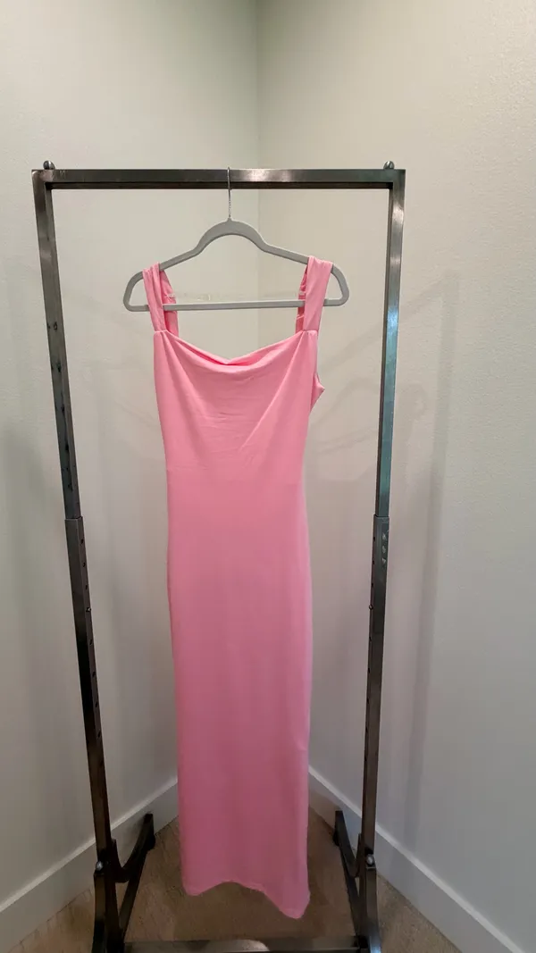 SHEIN Pink Solid Knit Sleeveless Cowl Neck Bow Strap Stretch Maxi Dress S - Image 3