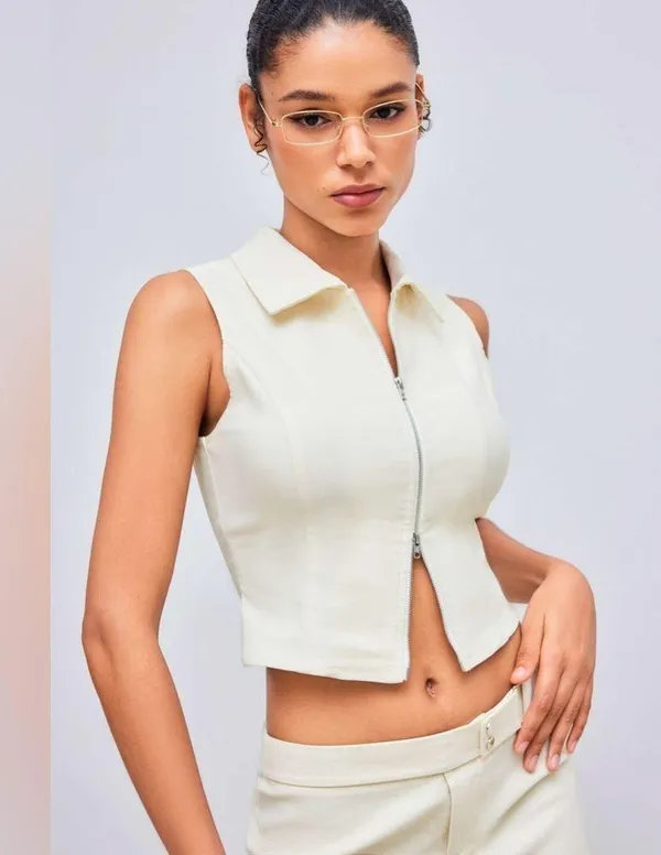 NWOT Cider Woven Collar Solid Zipper Tank Top Beige | TAGS CUT OUT SEE NOTES - Image 7