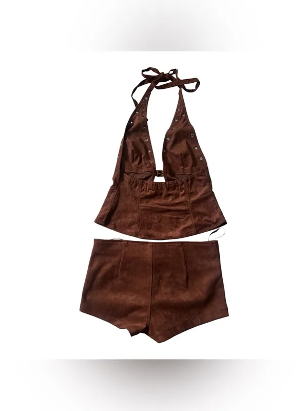 Isabelle’s Cabinet Crowd pleaser Brown Suede Halter Top and Short Set - Image 2